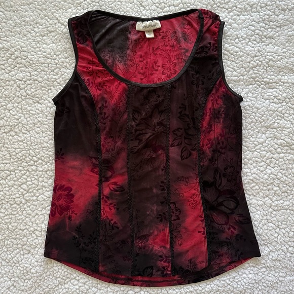 VTG Y2K corset style sheer black red floral lace detail vamp goth whimsigoth S - Picture 8 of 8